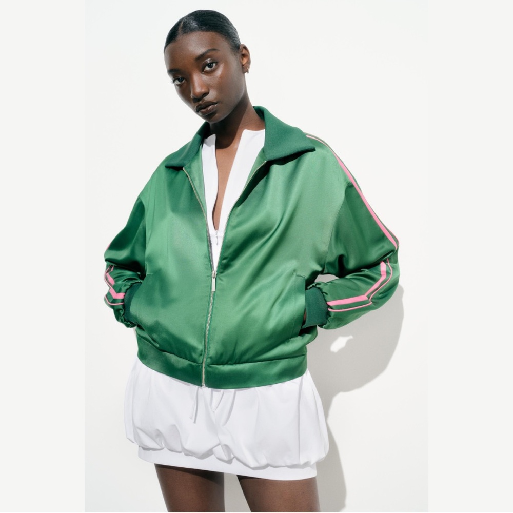 Zara Moss Green Satin Effect Retro Varsity Track Jacket with Pink Stripes | Sz S